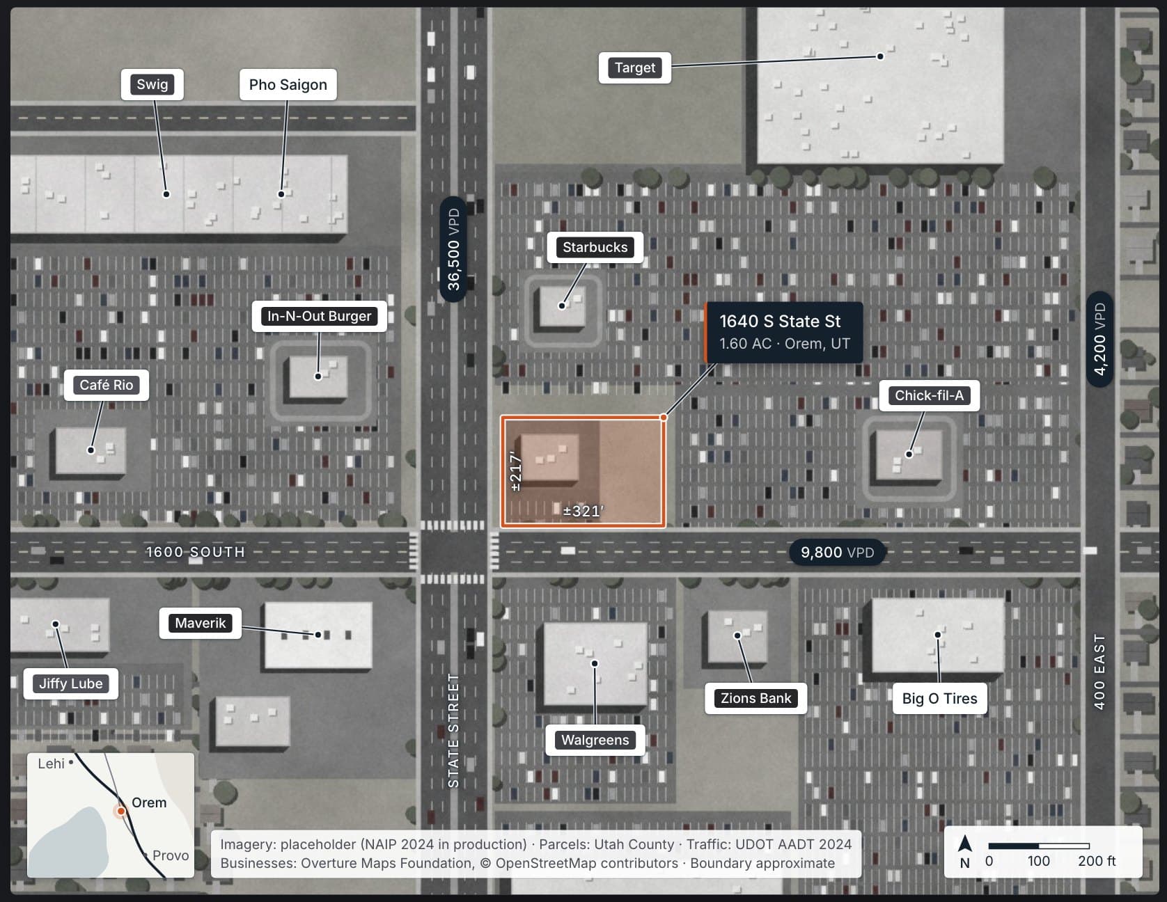Sample listing map: a parcel on State Street in Orem with nearby retailers and traffic counts